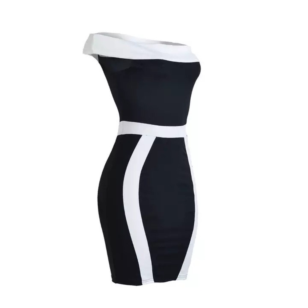 Black Bodycon White Slash Neck Off Shoulder Dress - Picture 3 of 8